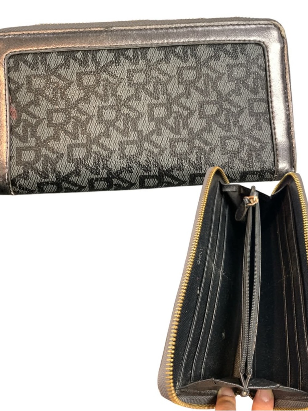DKNY Black Logo Zip-Around Continental Wallet with Gold Trim